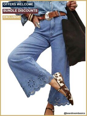 Wide Leg Embroidered High Waisted Stretch Denim Jeans